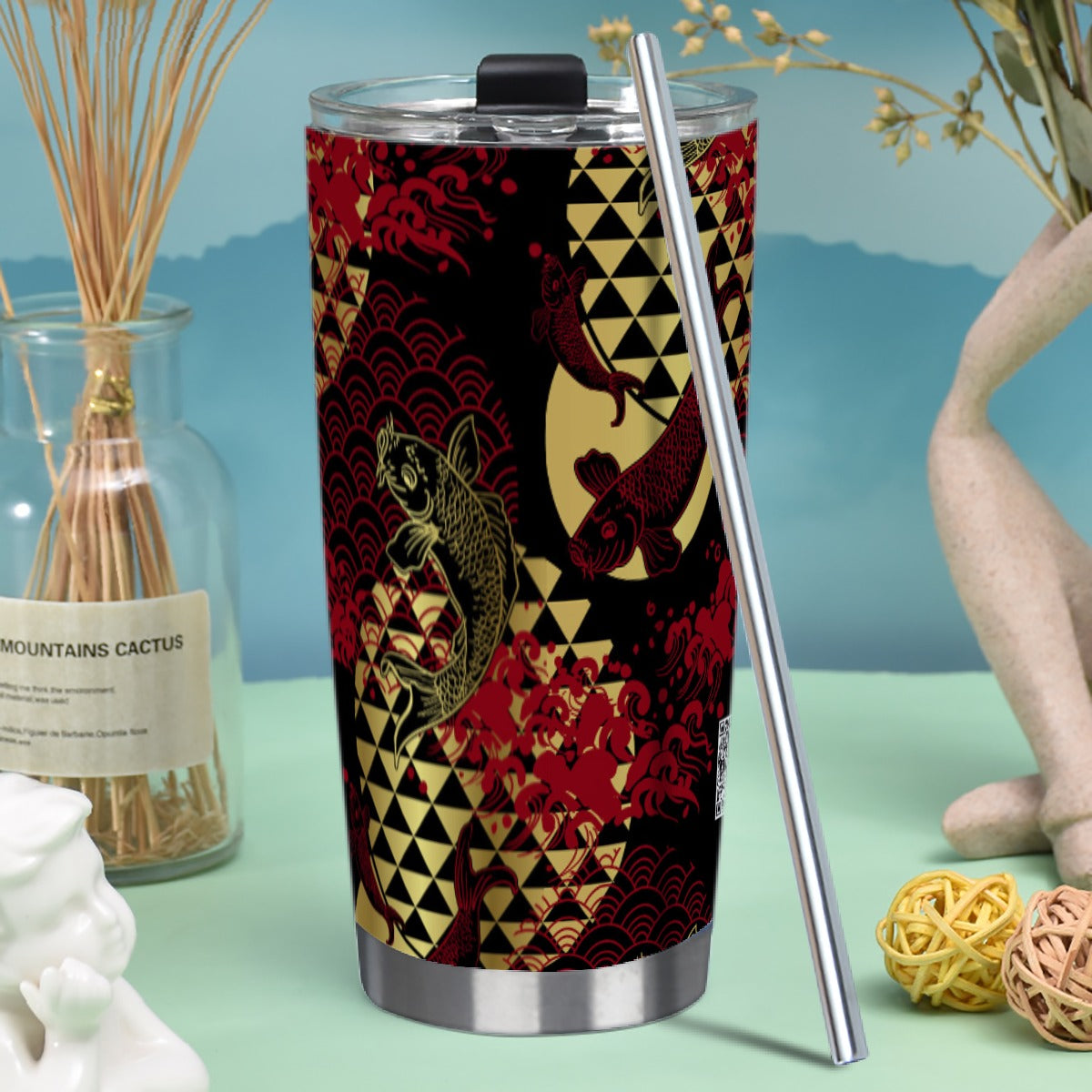 20oz Stainless Steel Tumbler with Straw - Golden Koi on Scarlet Waves