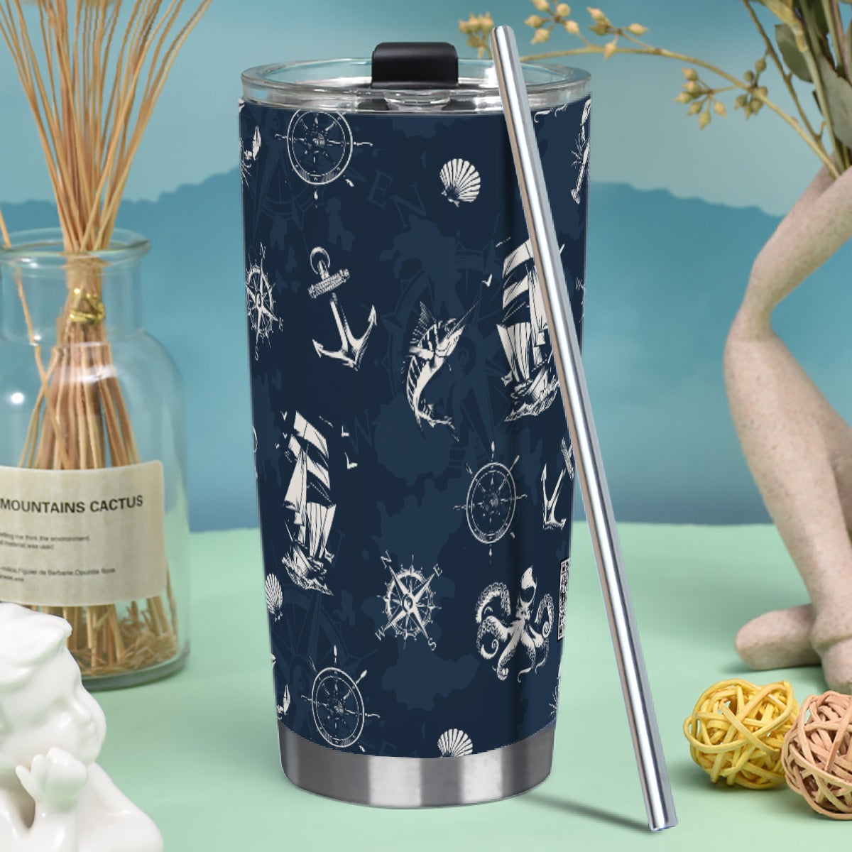 20oz Stainless Steel Tumbler with Straw - The Navigator (Navy & White)