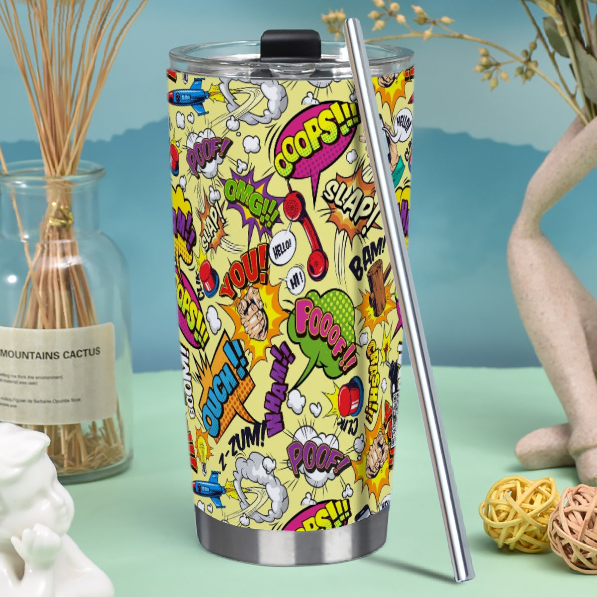 20oz Stainless Steel Tumbler with Straw - Just Like the Comics