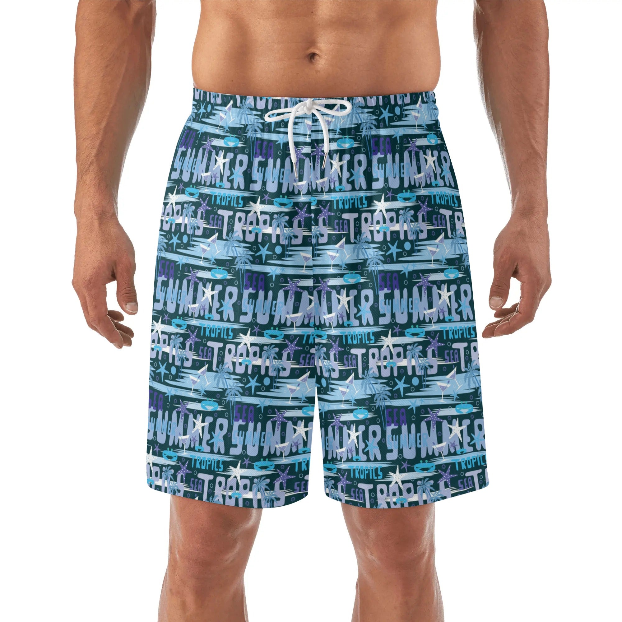 Mens Lightweight Hawaiian Beach Shorts - Summer by the Sea (Blue)