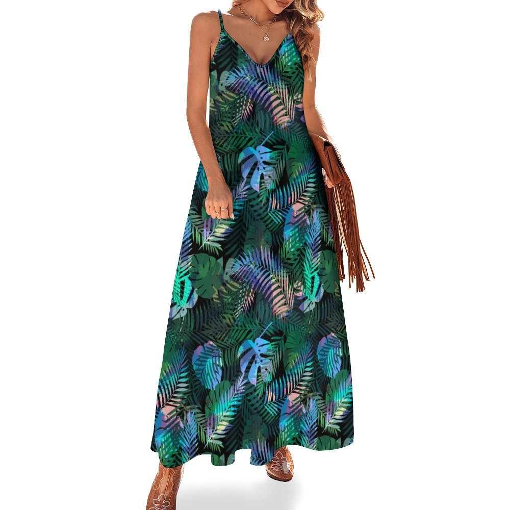 Spaghetti Strap Ankle-Length Dress - Tropical Print in Peacock