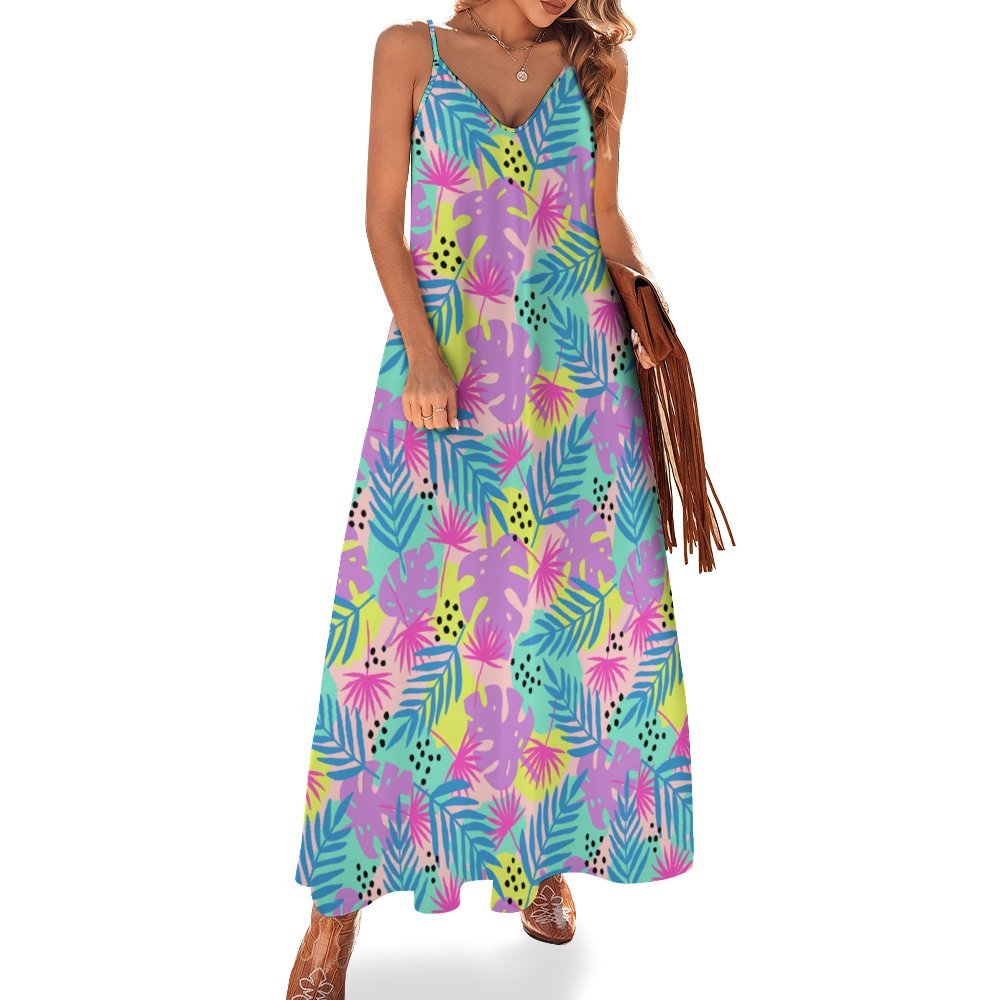 Spaghetti Strap Ankle-Length Dress - Tropical Print in Neon