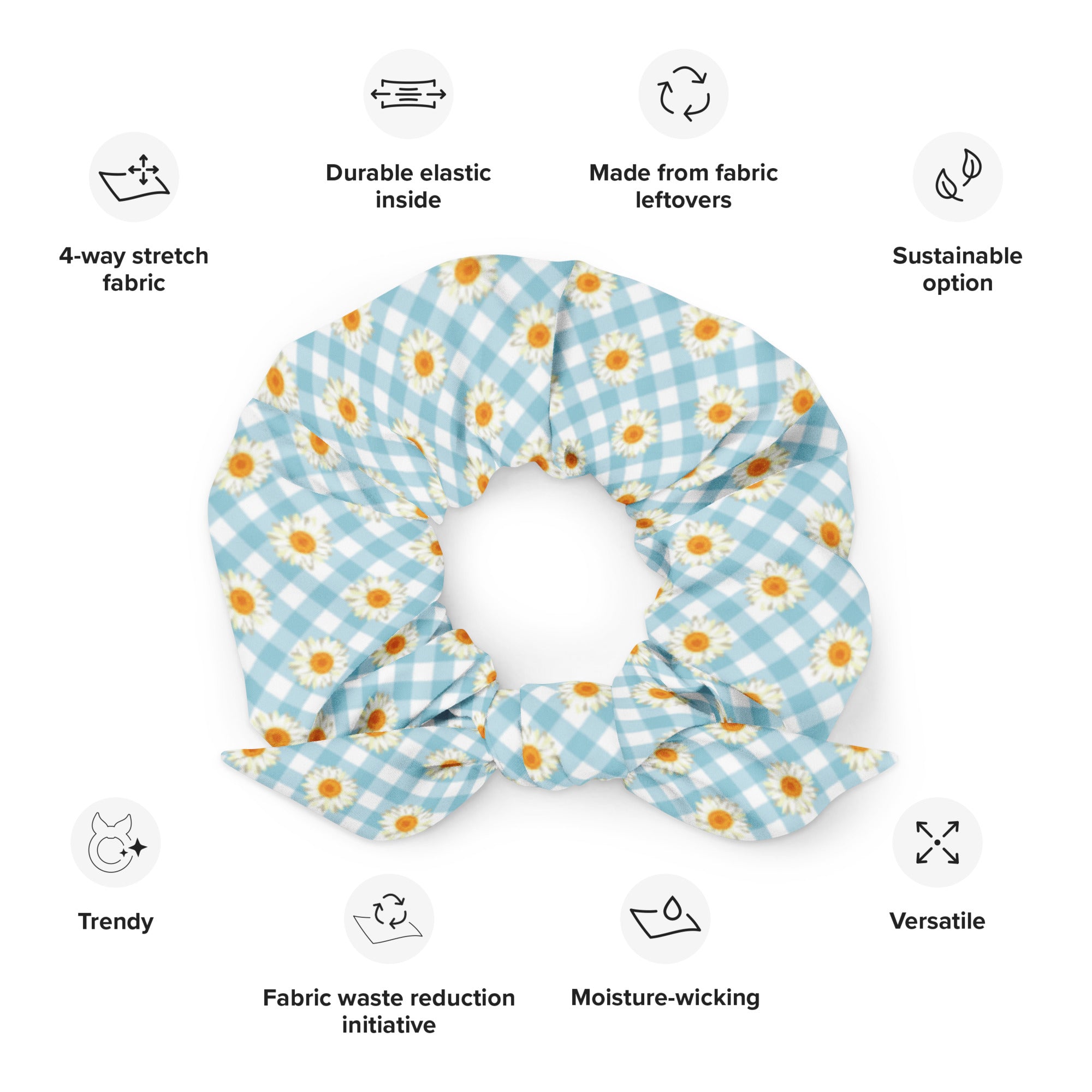 Printed Recycled-Fabric Scrunchie - Blue Gingham Daisies