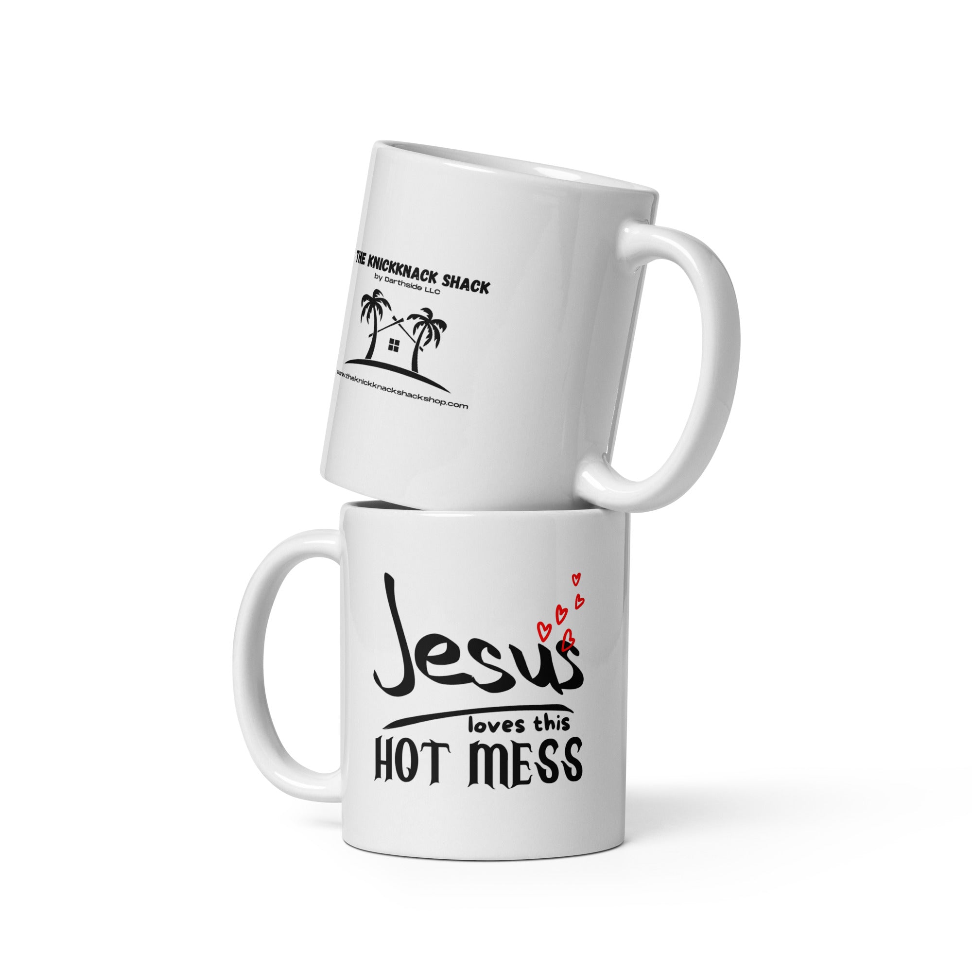 White Glossy Mug - Jesus Loves This Hot Mess (R-Handed)