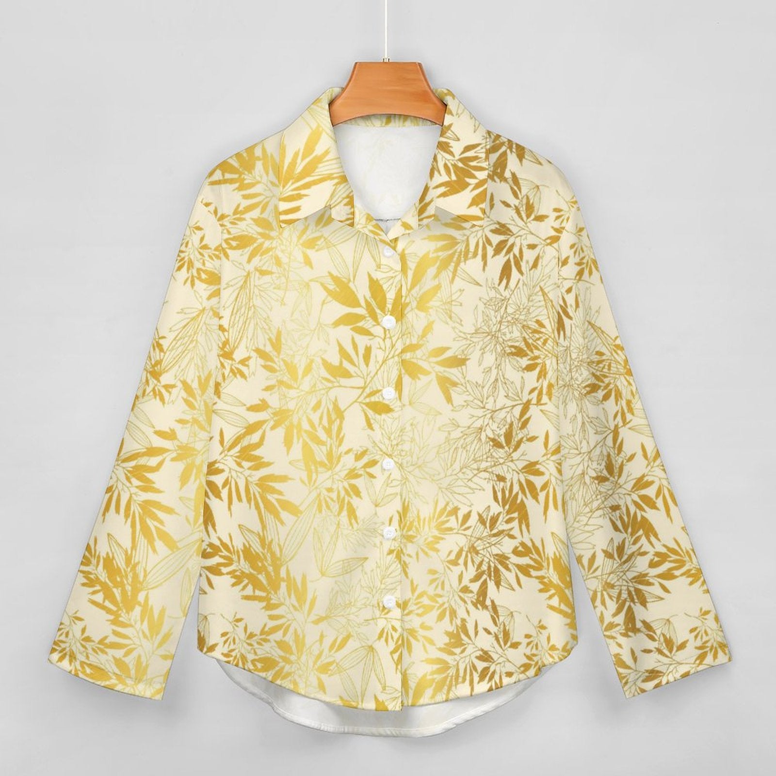 Women's Irregular Hem Button-Up Shirt - Gold Leaves