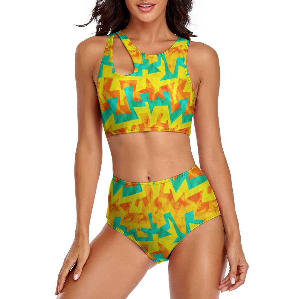 High-Waist Asymmetrical Shoulder Bikini - Neon Orange Mosaic