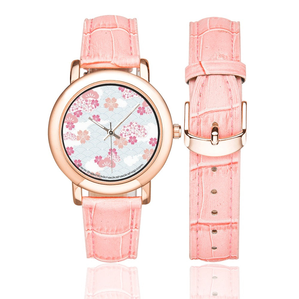 Women's Rose Gold Leather Strap Watch - Sakura Breeze