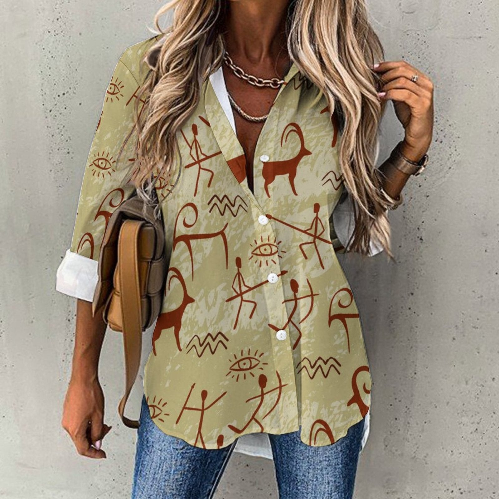 Women's Irregular Hem Button-Up Shirt - Cave Painting