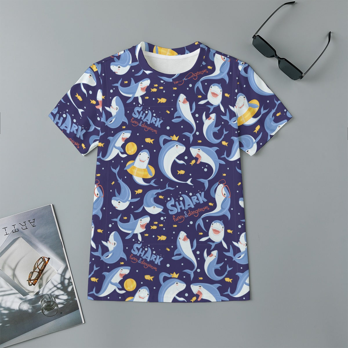 Kids 180GSM Cotton All-Over Print T-Shirt - Silly Sharks