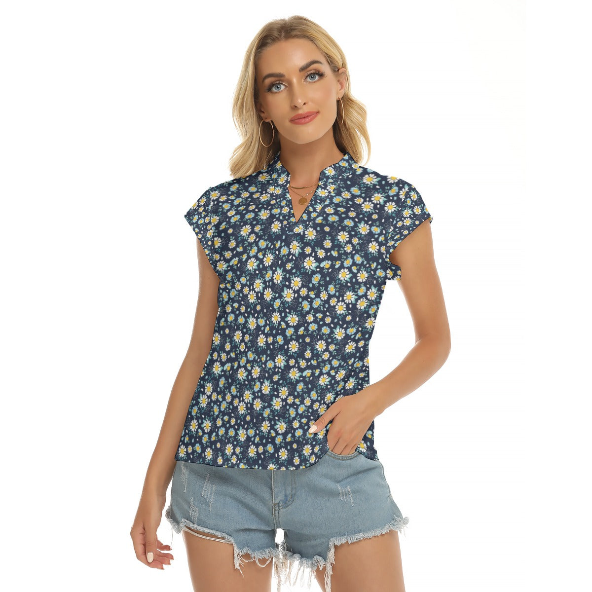 Women's Cap-Sleeve V-Neck Top - Ditsy Print in Navy