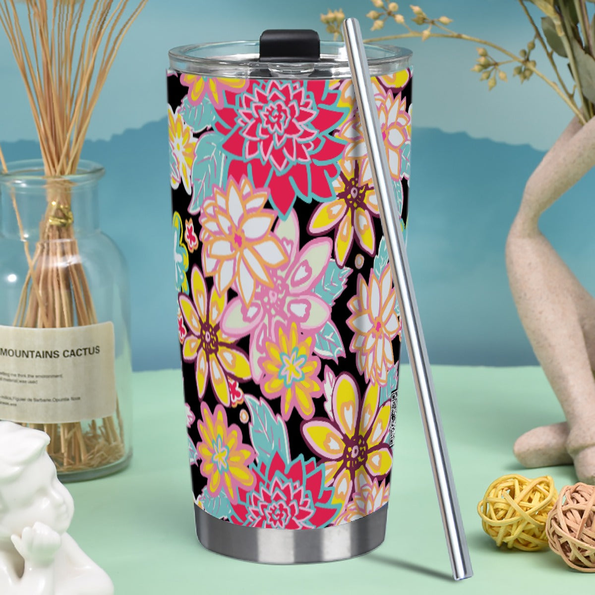 20oz Stainless Steel Tumbler with Straw - Flower Power