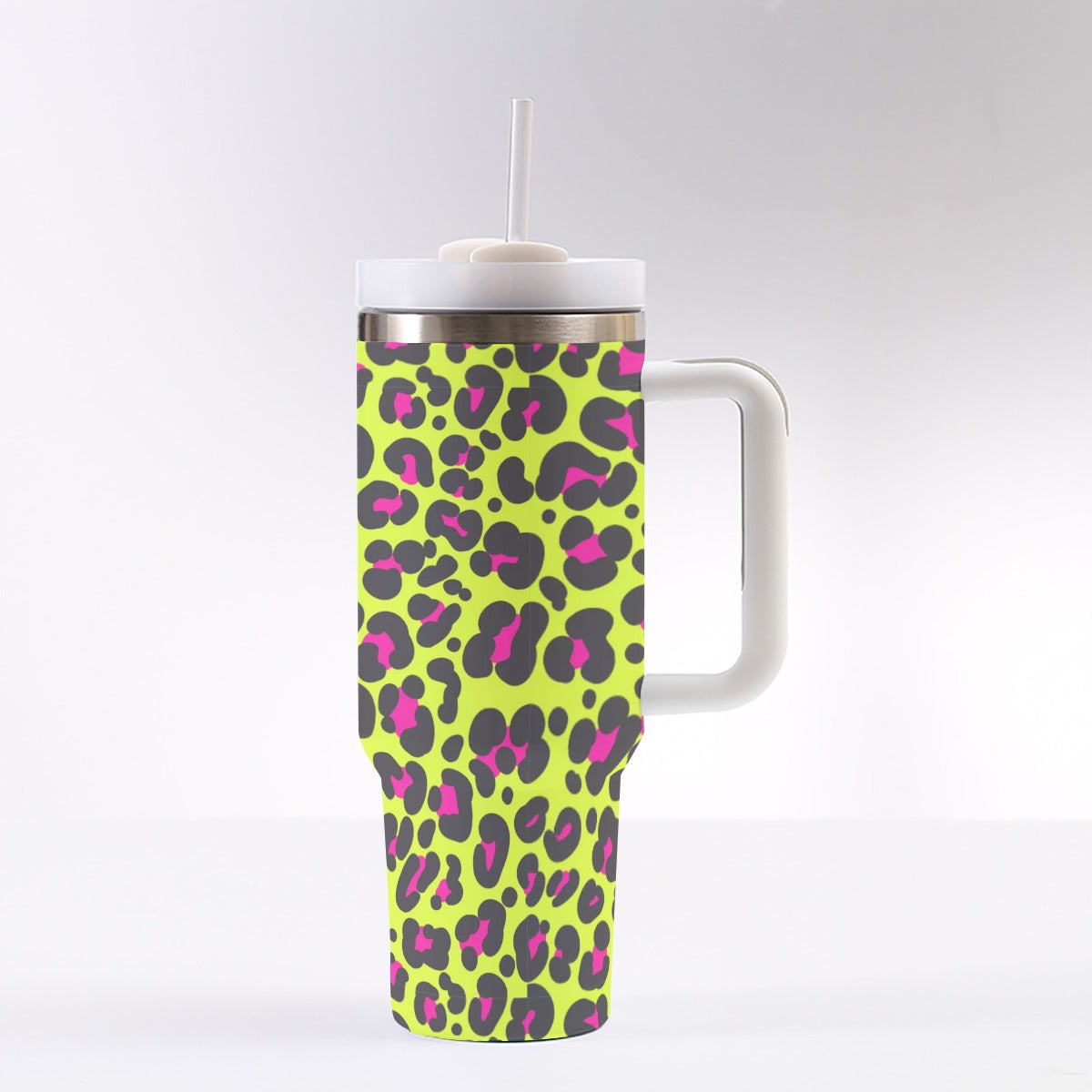 40oz Stainless Steel "Stanley" Tumbler With Handle - Neon Leopard