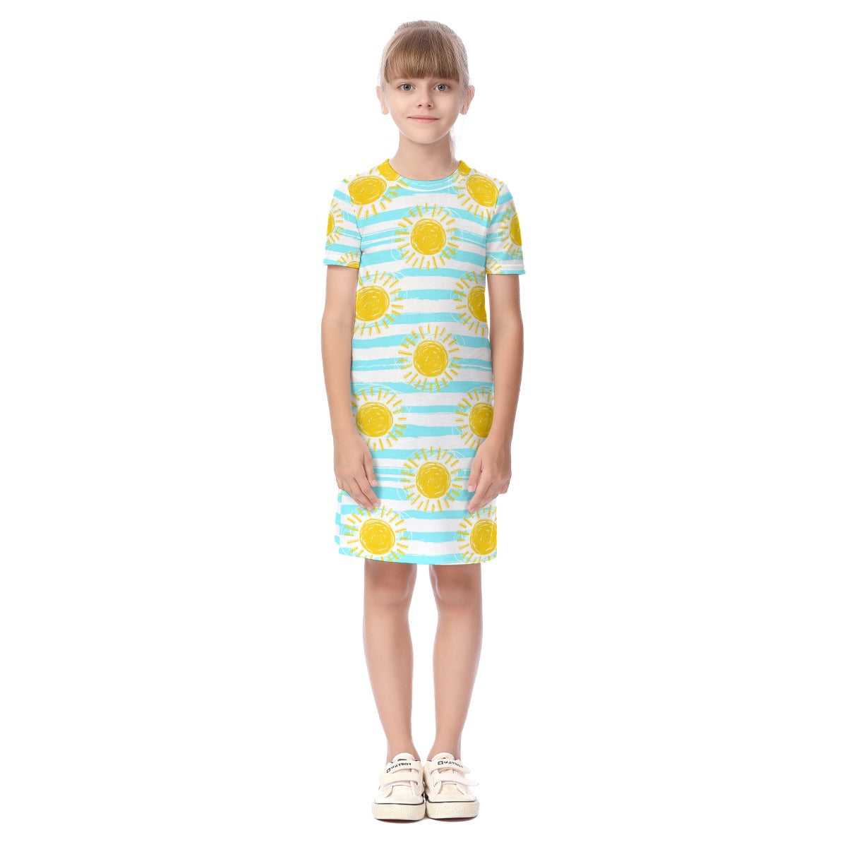 Kid's Short Sleeve T-Shirt Dress - Sunny Stripes (Blue)