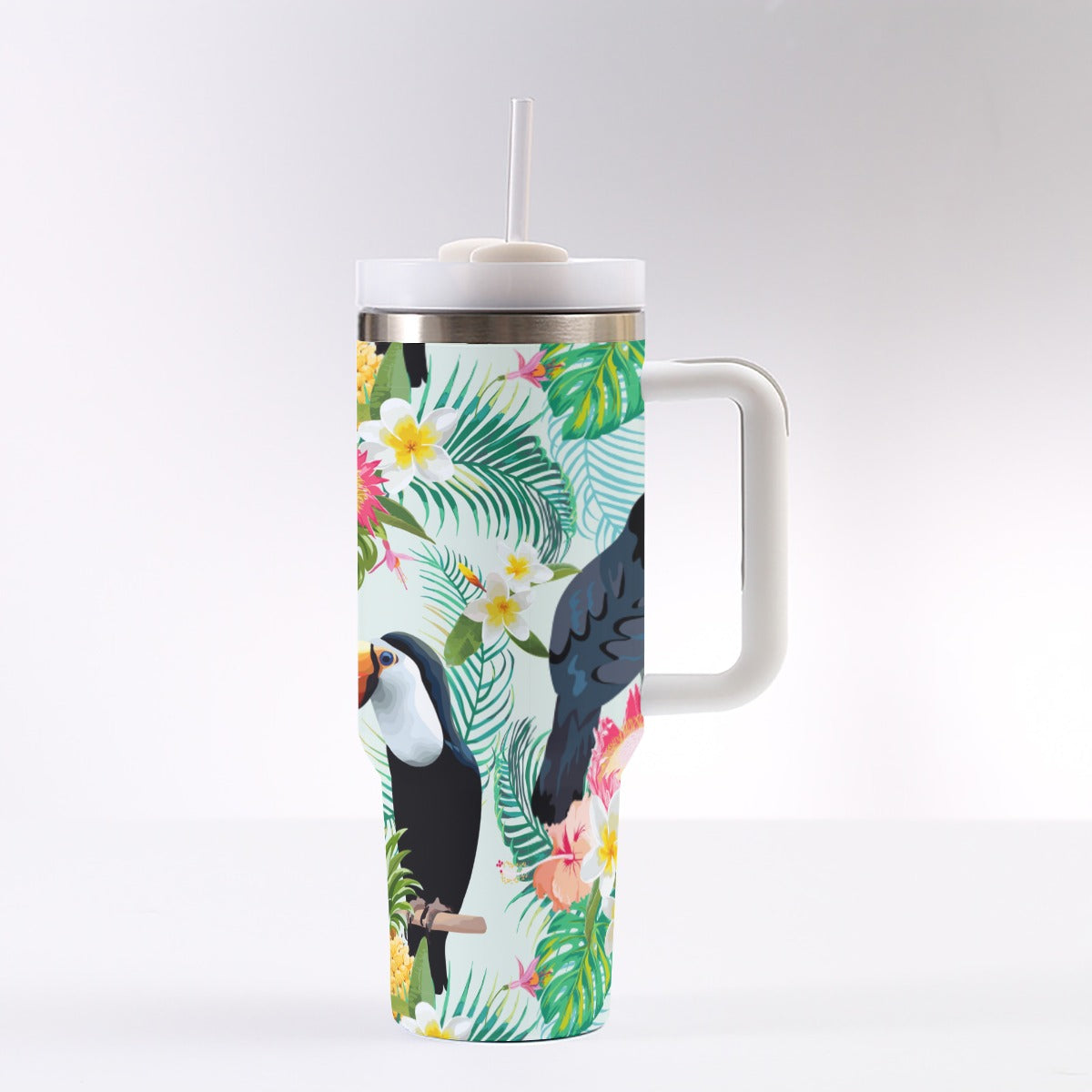 40oz Stainless Steel "Stanley" Tumbler With Handle - Tropical Toucans