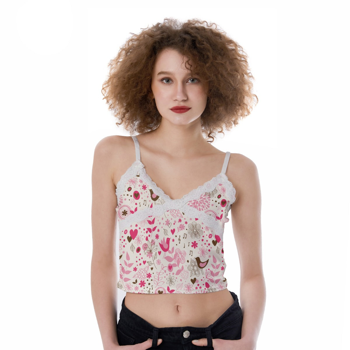 Printed Lace-Trim Cami Top - Love Song