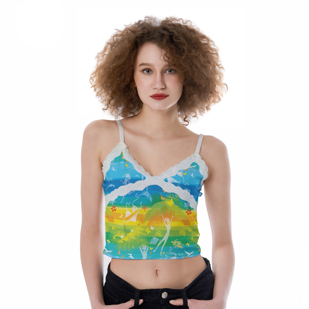 Printed Lace-Trim Cami Top - Frolic by the Seashore