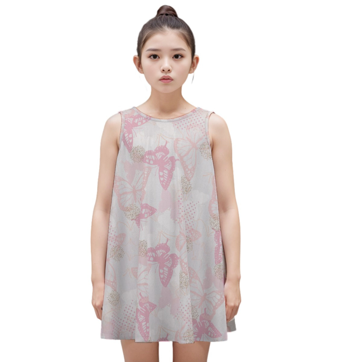 Kid's Sleeveless Cotton Swing Dress - Lace Butterflies (Pink)