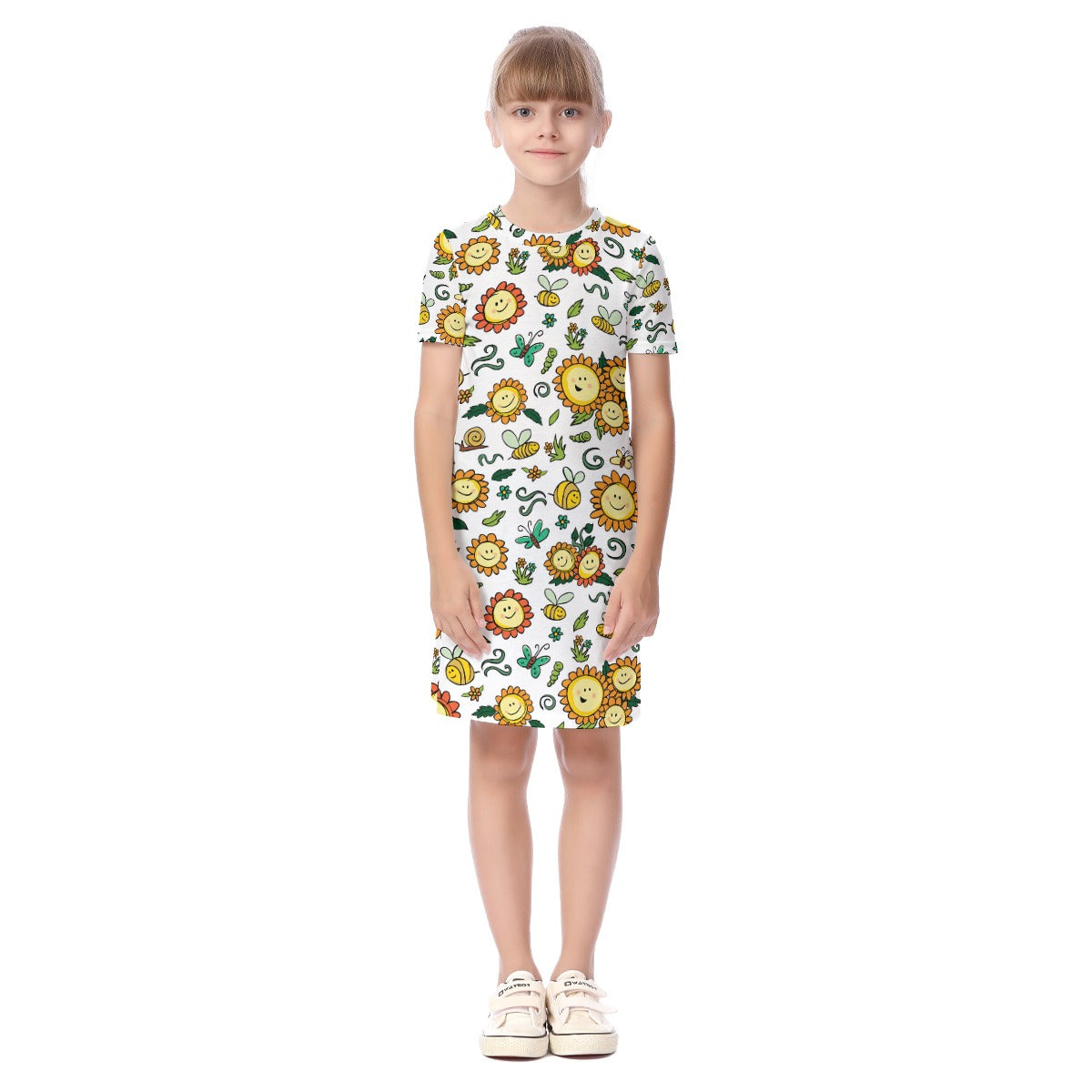 Kid's Short Sleeve T-Shirt Dress - Smiley Sunflowers