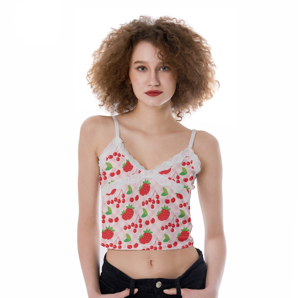Printed Lace-Trim Cami Top - Cherry Berry