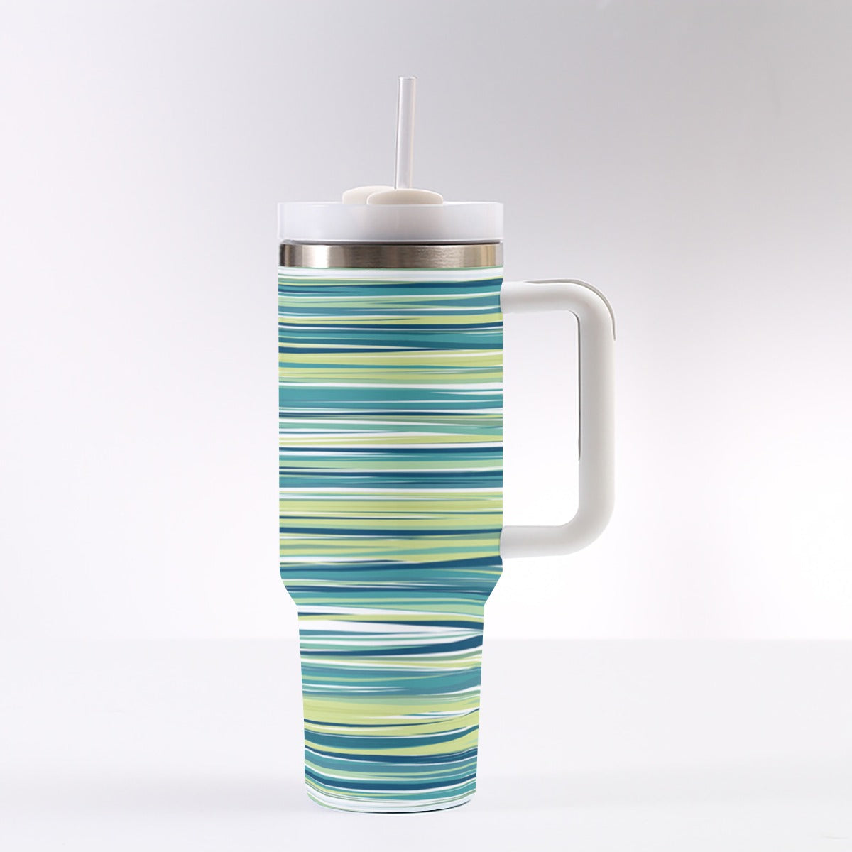 40oz Stainless Steel "Stanley" Tumbler With Handle - Cyan Stripes