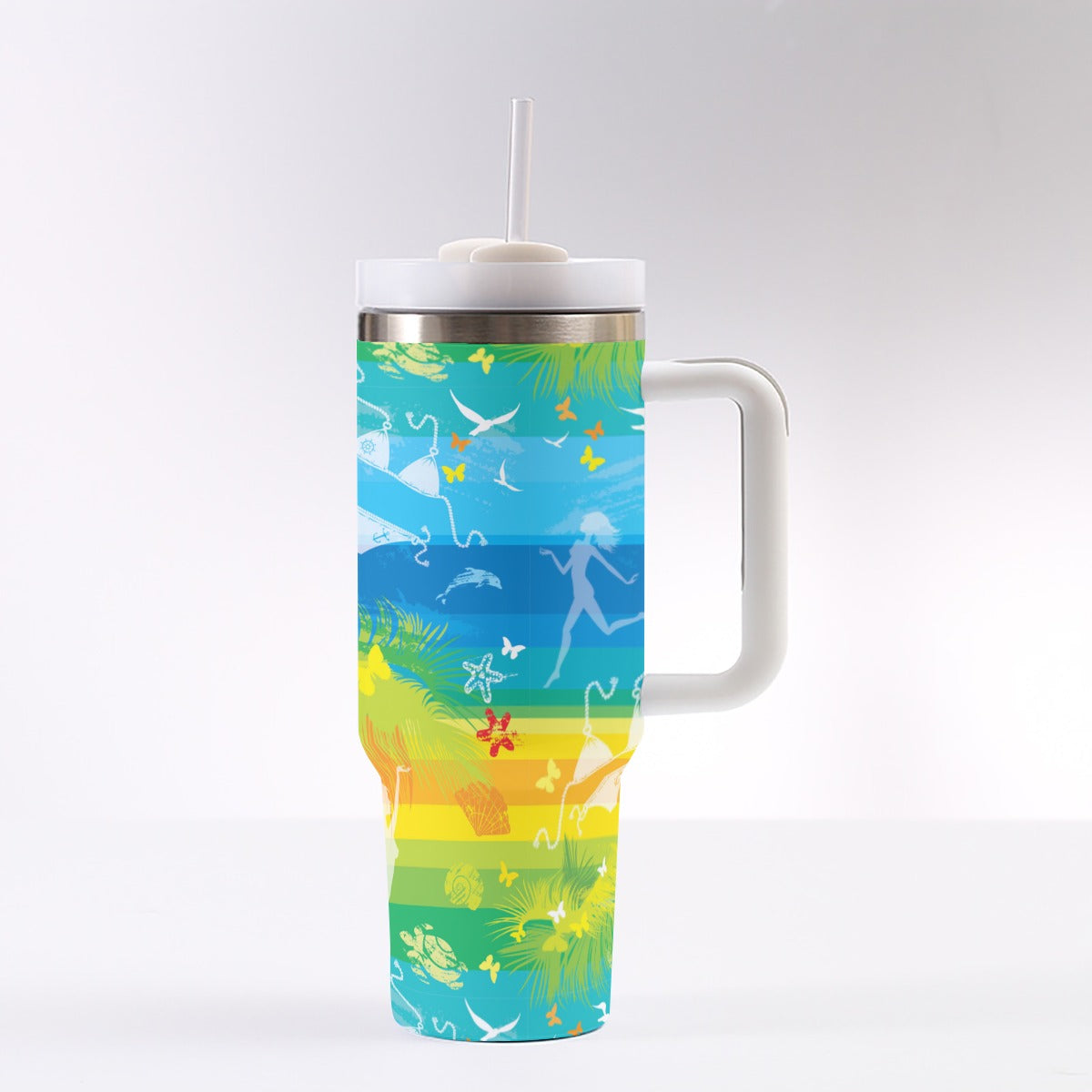 40oz Stainless Steel "Stanley" Tumbler With Handle - Frolic by the Seashore