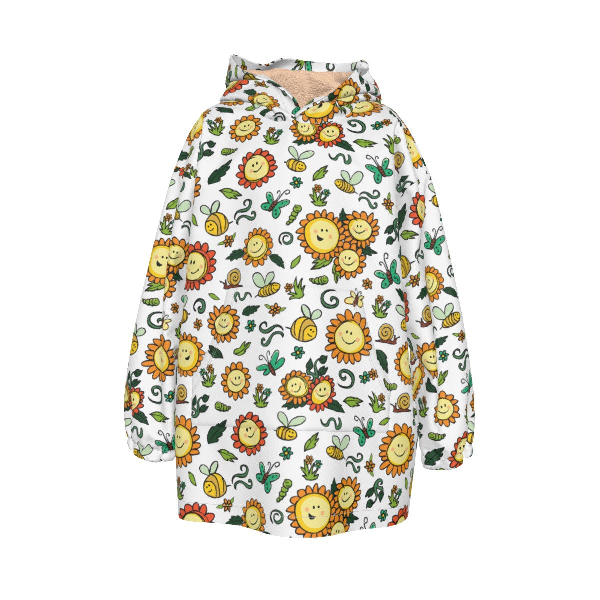 Kid's Sherpa Fleece Hoodie Blanket - Smiley Sunflowers