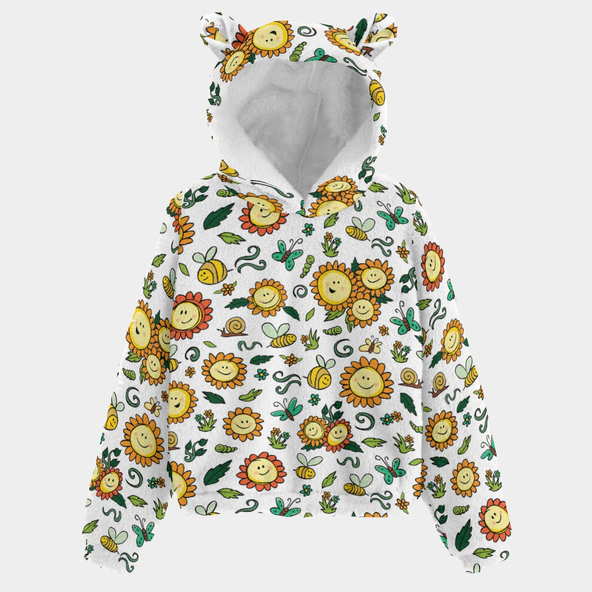 Kid’s Borg Fleece Sweatshirt With Ears - Smiley Sunflowers