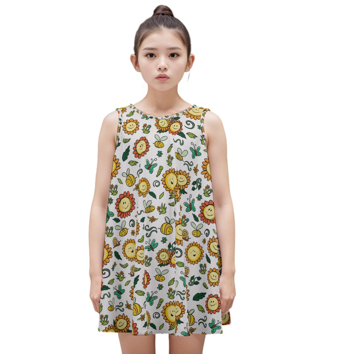 Kid's Sleeveless Cotton Swing Dress - Smiley Sunflowers