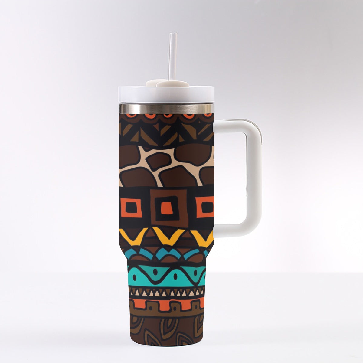 40oz Stainless Steel "Stanley" Tumbler With Handle - African Print (Giraffe)