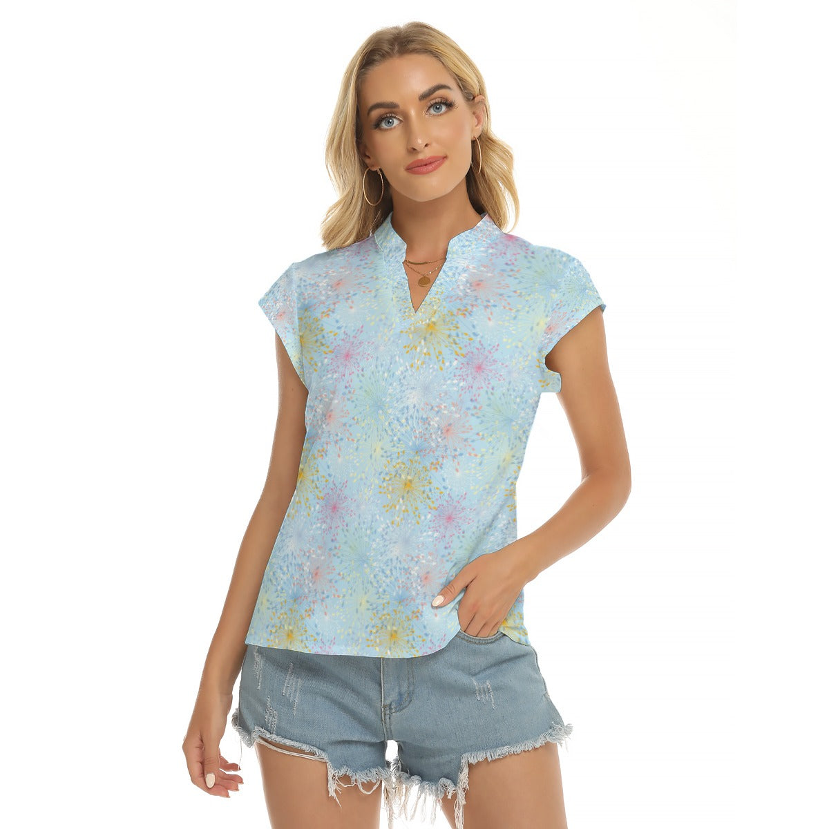 Women's Cap-Sleeve V-Neck Top - Dandelions