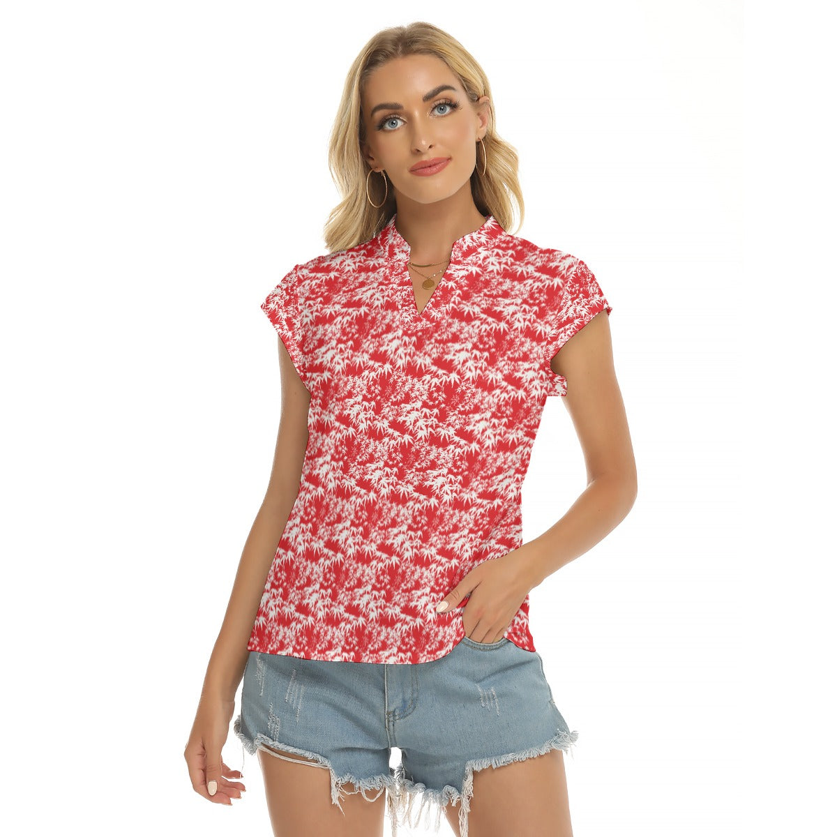 Women's Cap-Sleeve V-Neck Top - Red Maple