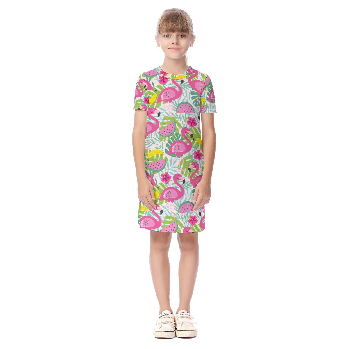 Kid's Short Sleeve T-Shirt Dress - Flamingo Summer