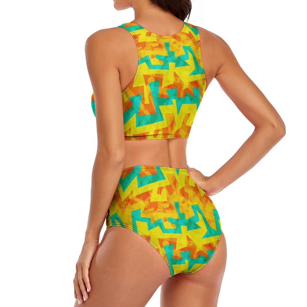 High-Waist Asymmetrical Shoulder Bikini - Neon Orange Mosaic