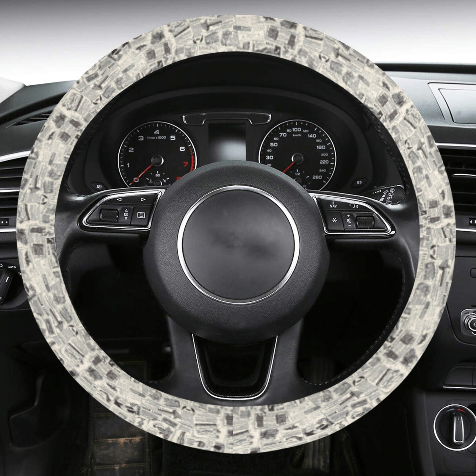 Steering Wheel Cover with Anti-Slip Insert - Vintage Newsprint