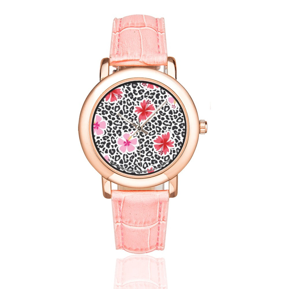 Women's Rose Gold Leather Strap Watch - Hibiscus & Leopard