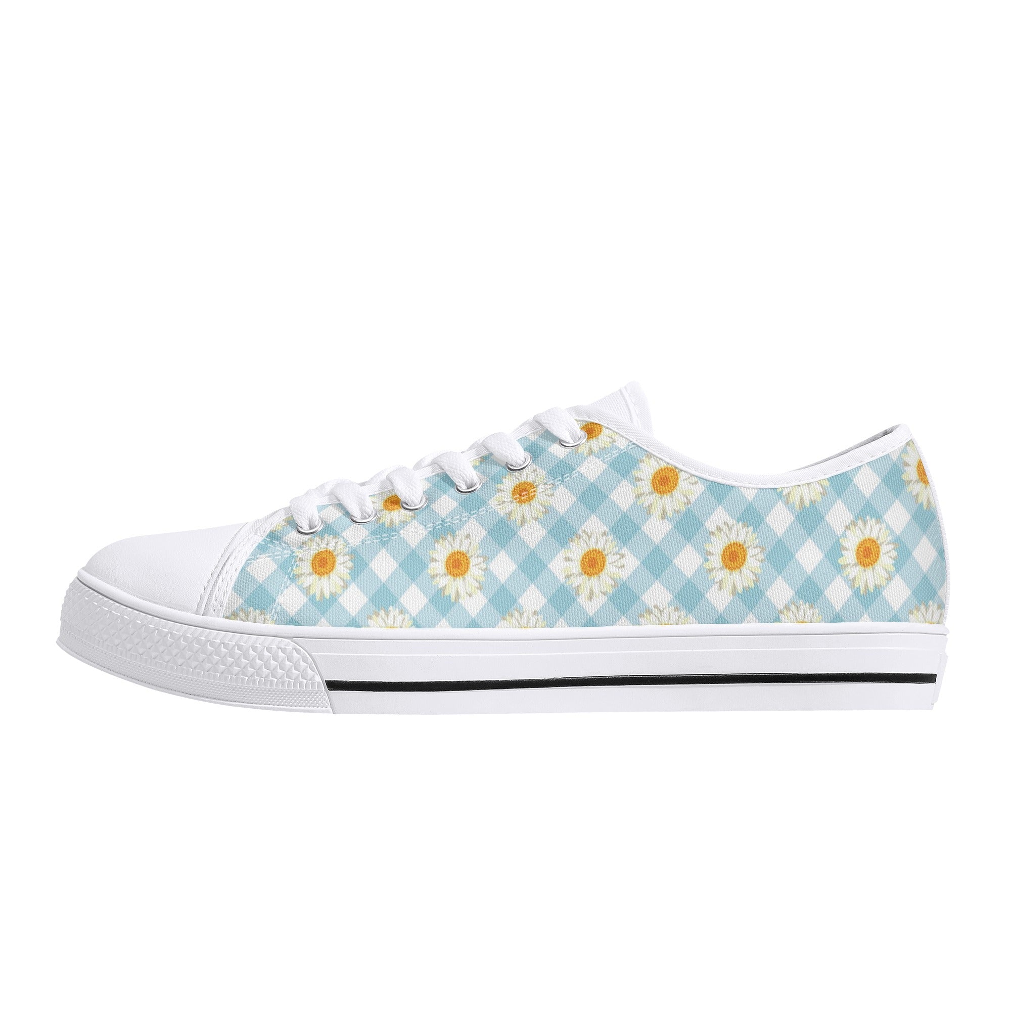 Womens Lightweight Low Top Canvas Shoes - Blue Gingham & Daisies