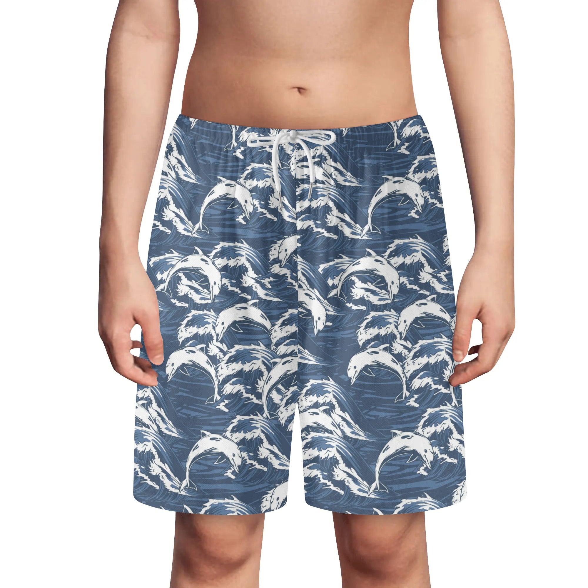 Shorts de playa ligeros para jóvenes - Delfines y olas en azul vaquero