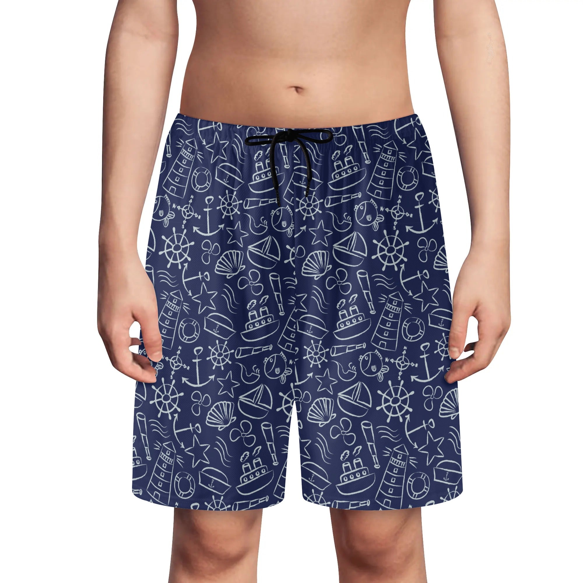 Youth Lightweight Beach Shorts - Nautical Print in Navy