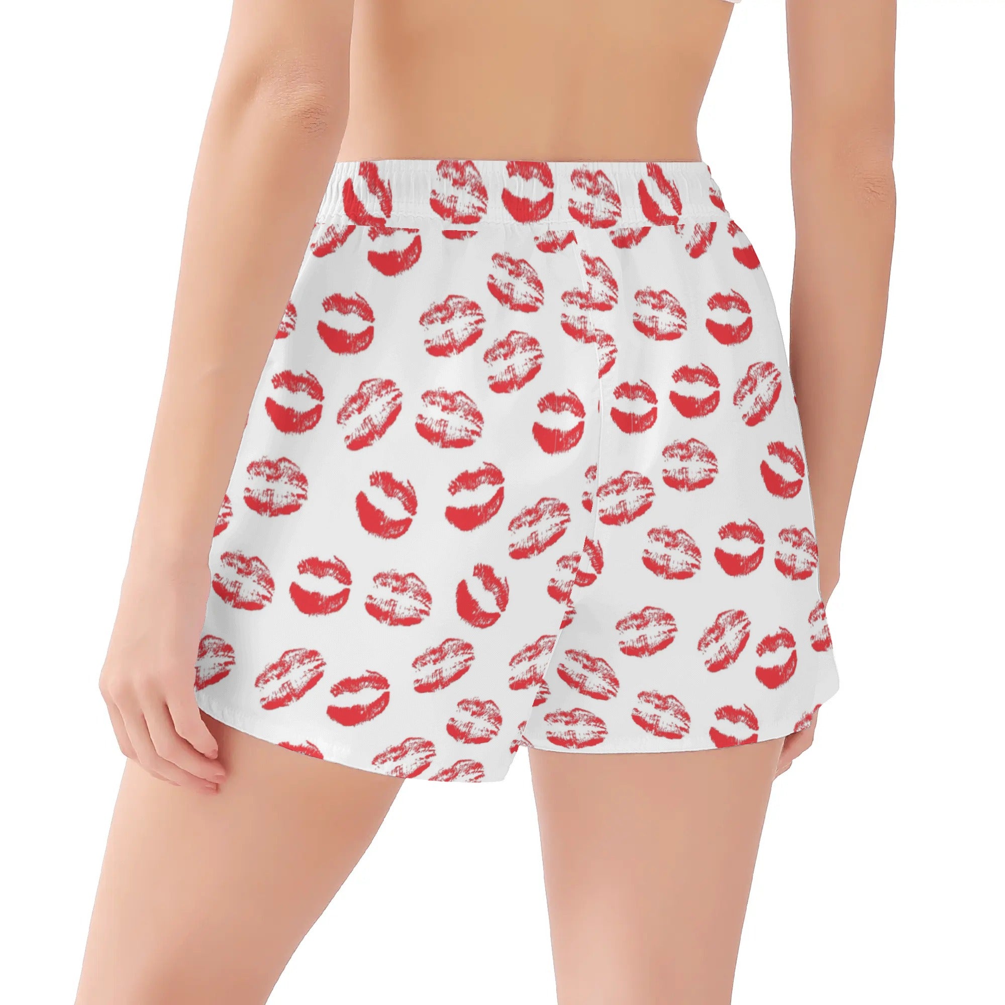 Womens Printed Beach Shorts - Lipstick Kisses