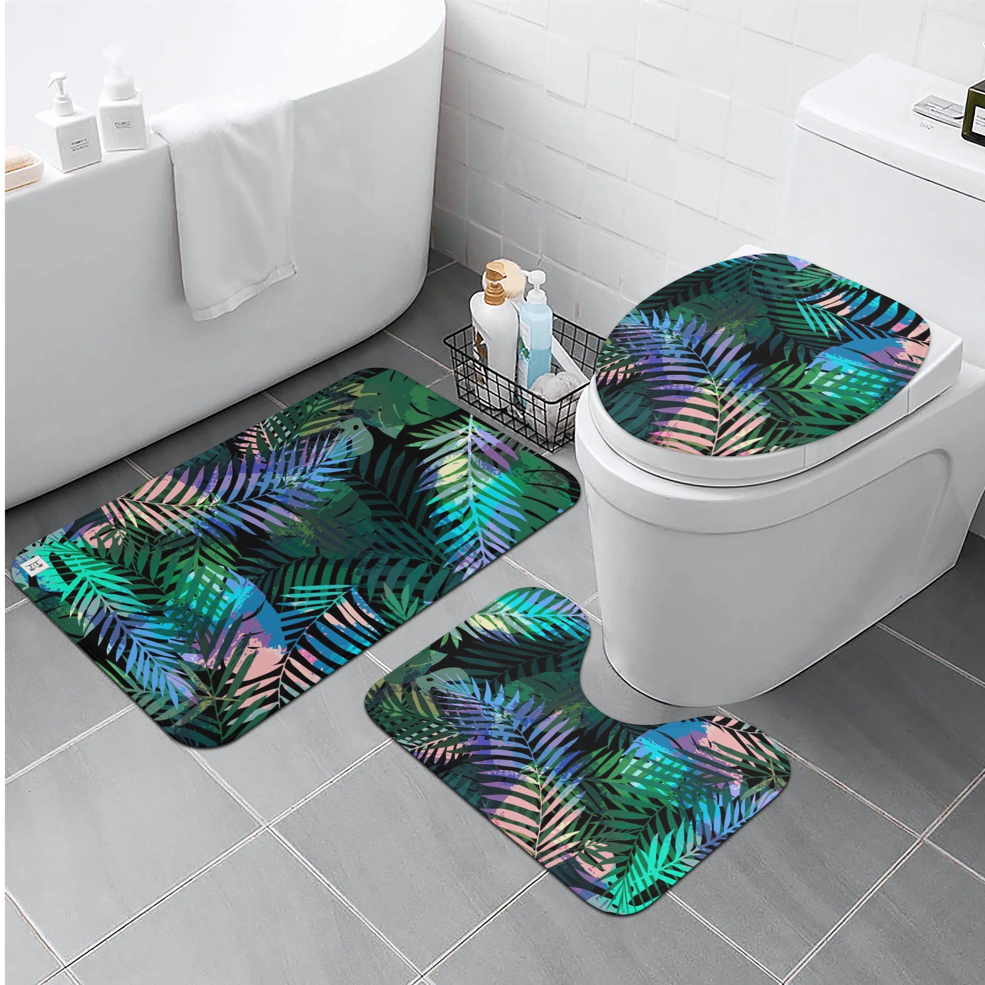 Three-Piece Bath Mat Set - Tropical Print in Peacock