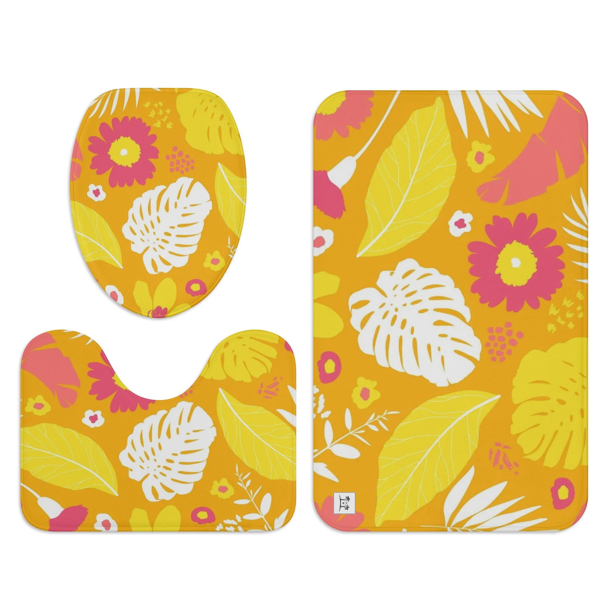 Three-Piece Bath Mat Set - Tropical Print in Papaya