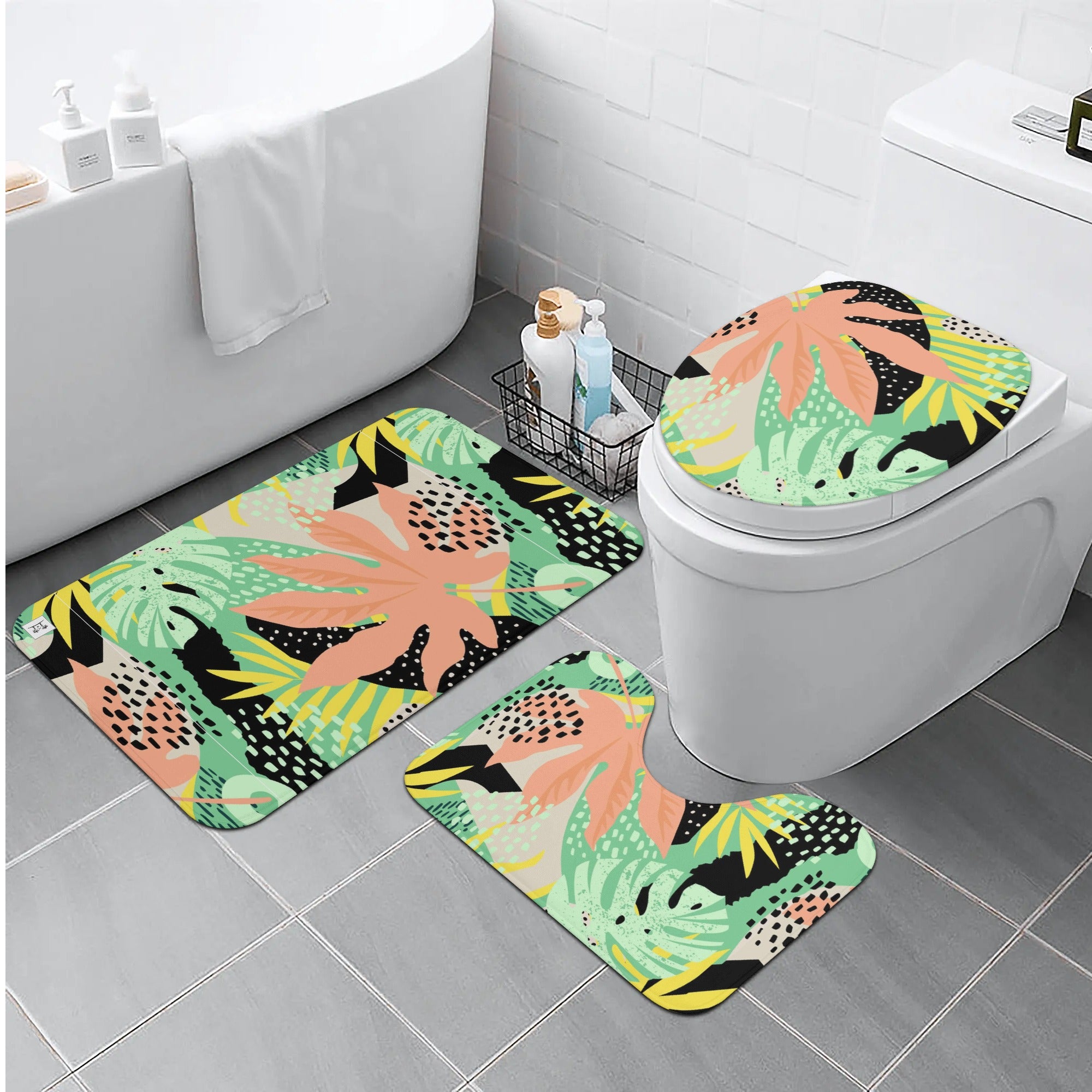 Three-Piece Bath Mat Set - Tropical Print in Melon