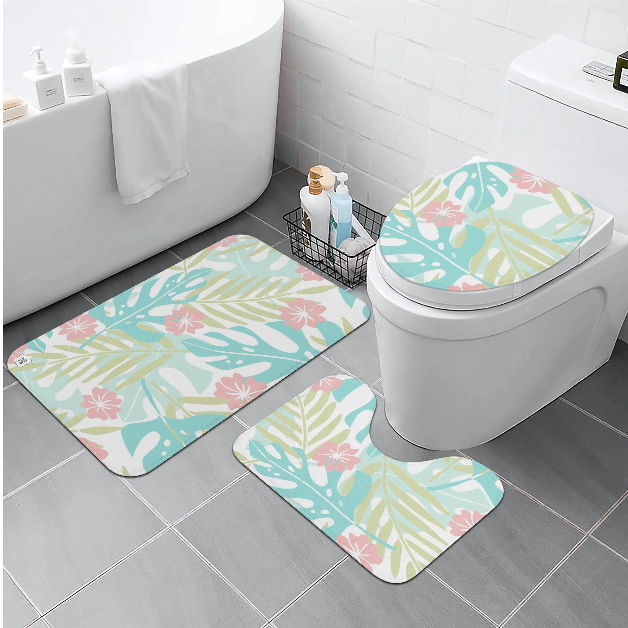 Three-Piece Bath Mat Set - Tropical Print in Pastels