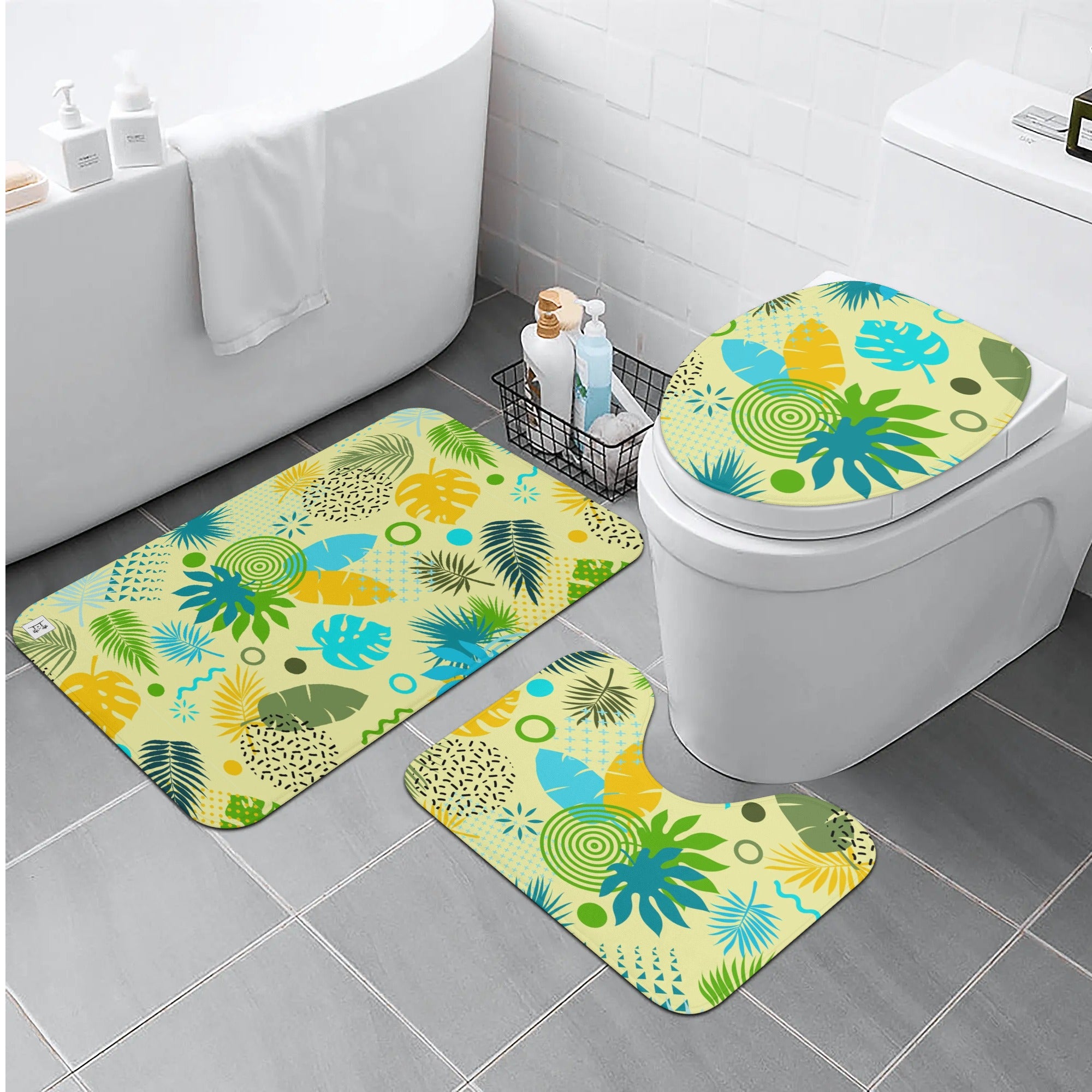 Three-Piece Bath Mat Set - Tropical Print in Lemon Lime