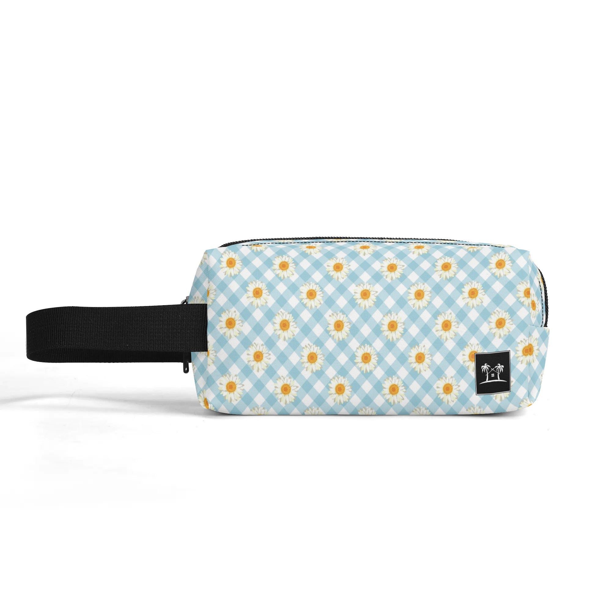 Printed Polyester Wristlet Purse - Blue Gingham Daisies