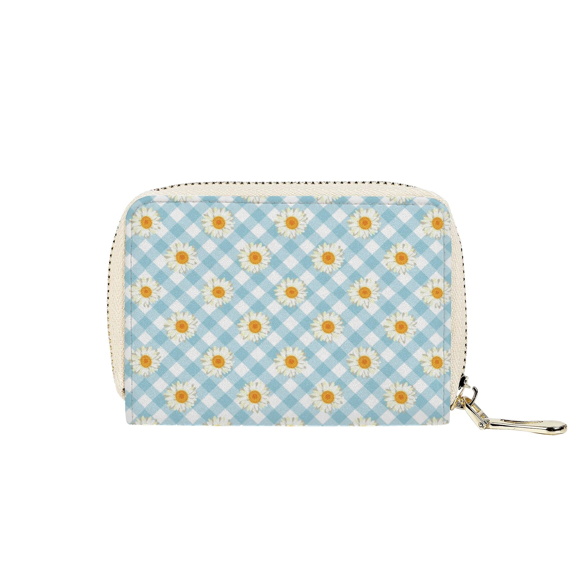 Womens Zippered Card Holder - Blue Gingham Daisies