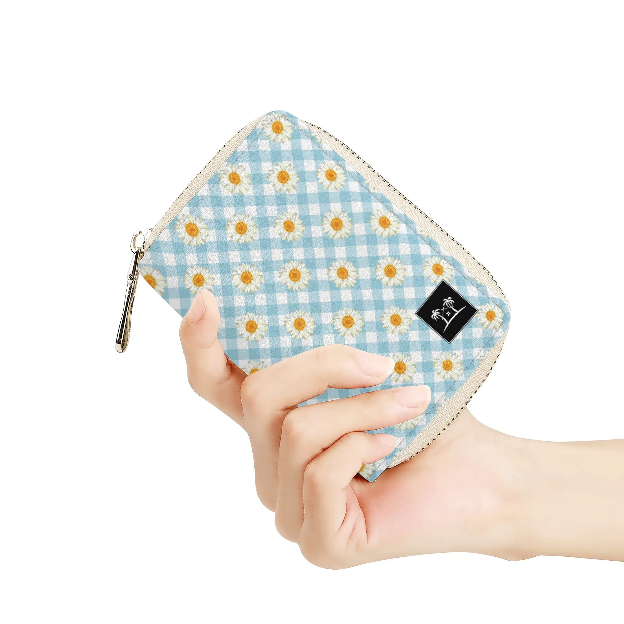 Womens Zippered Card Holder - Blue Gingham Daisies