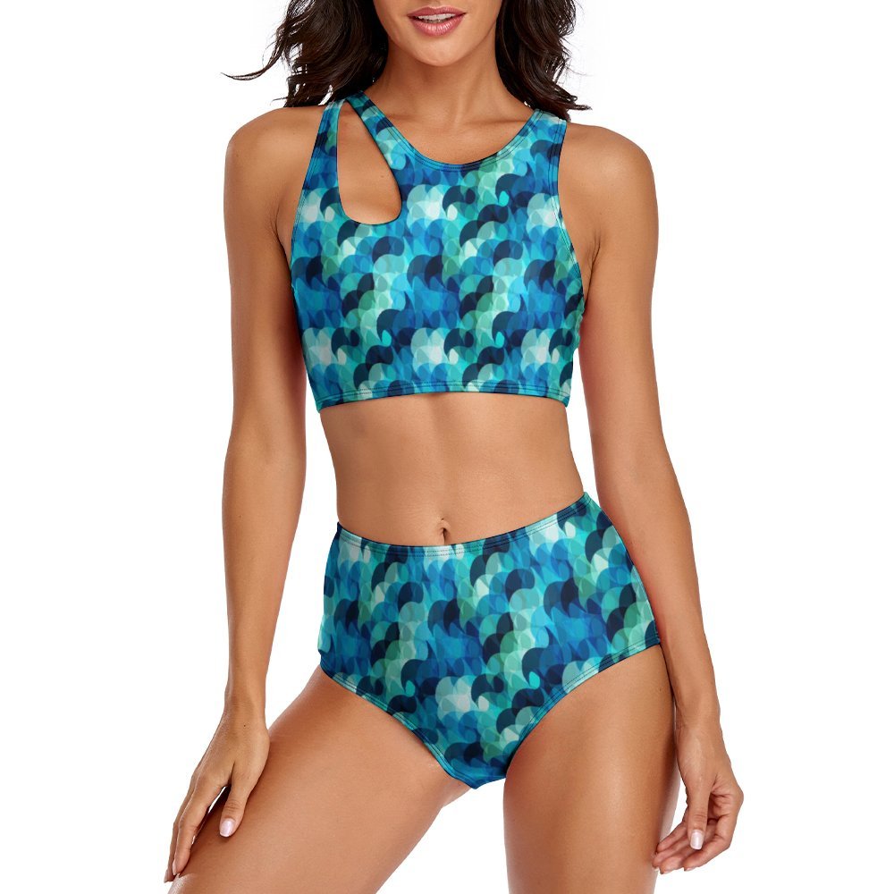 High-Waist Asymmetrical Shoulder Bikini - Mermaid Scales