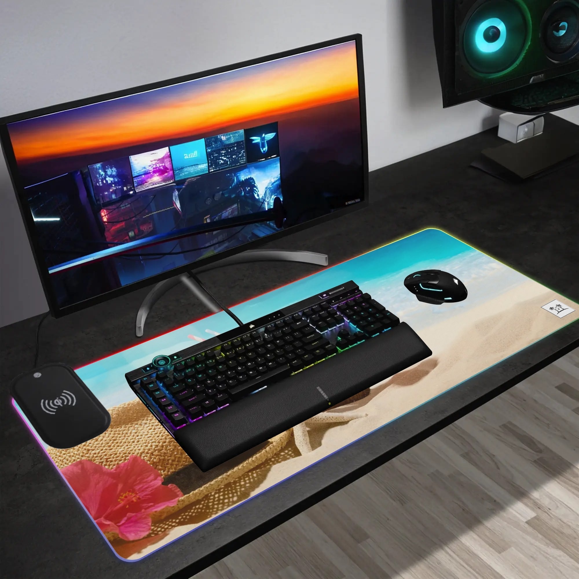 Wireless Charging Neoprene Gaming Desk Pad - Beach