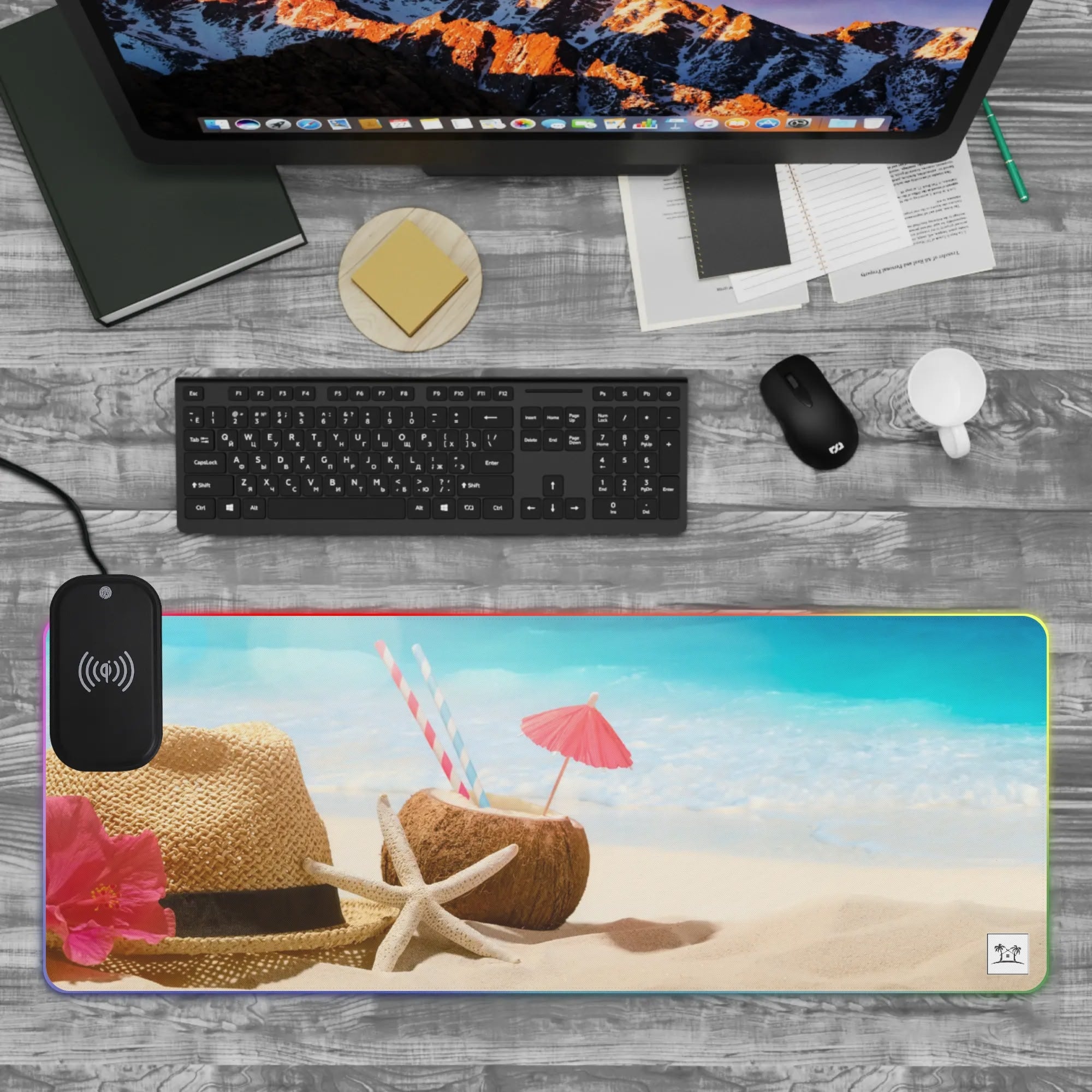 Wireless Charging Neoprene Gaming Desk Pad - Beach